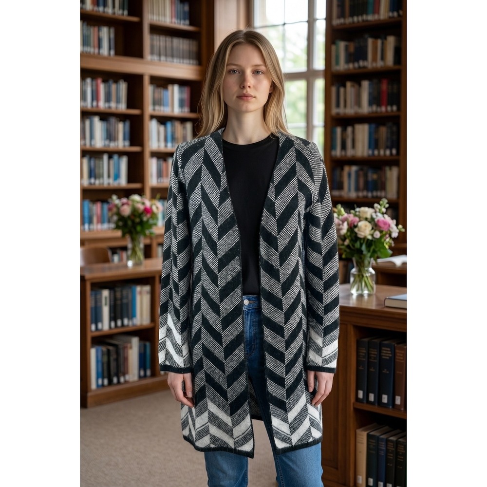 Black and White Chevron Knit Open‎ Front Mid Length Cardigan Sweater Womens